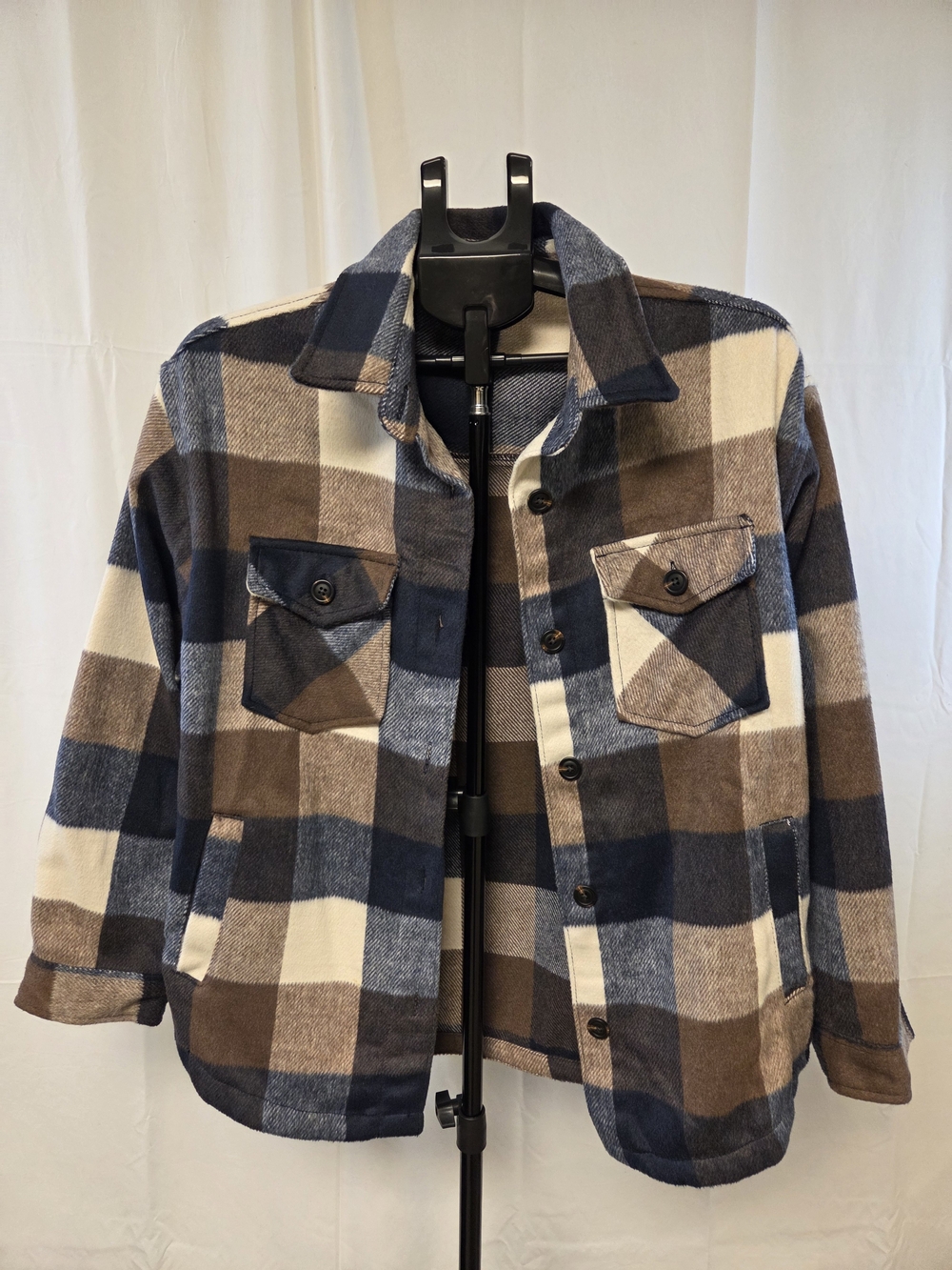 Women’s Plaid Utility Shacket in Navy, Brown & Cream